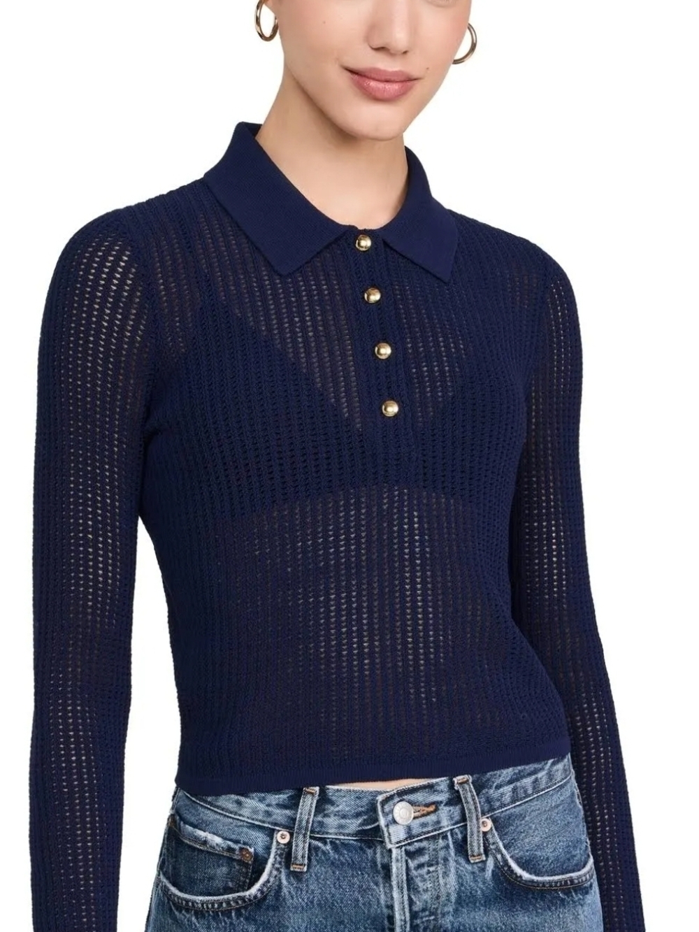 rag & bone Viola Open Stitch Polo Sweater Navy Gold Buttons